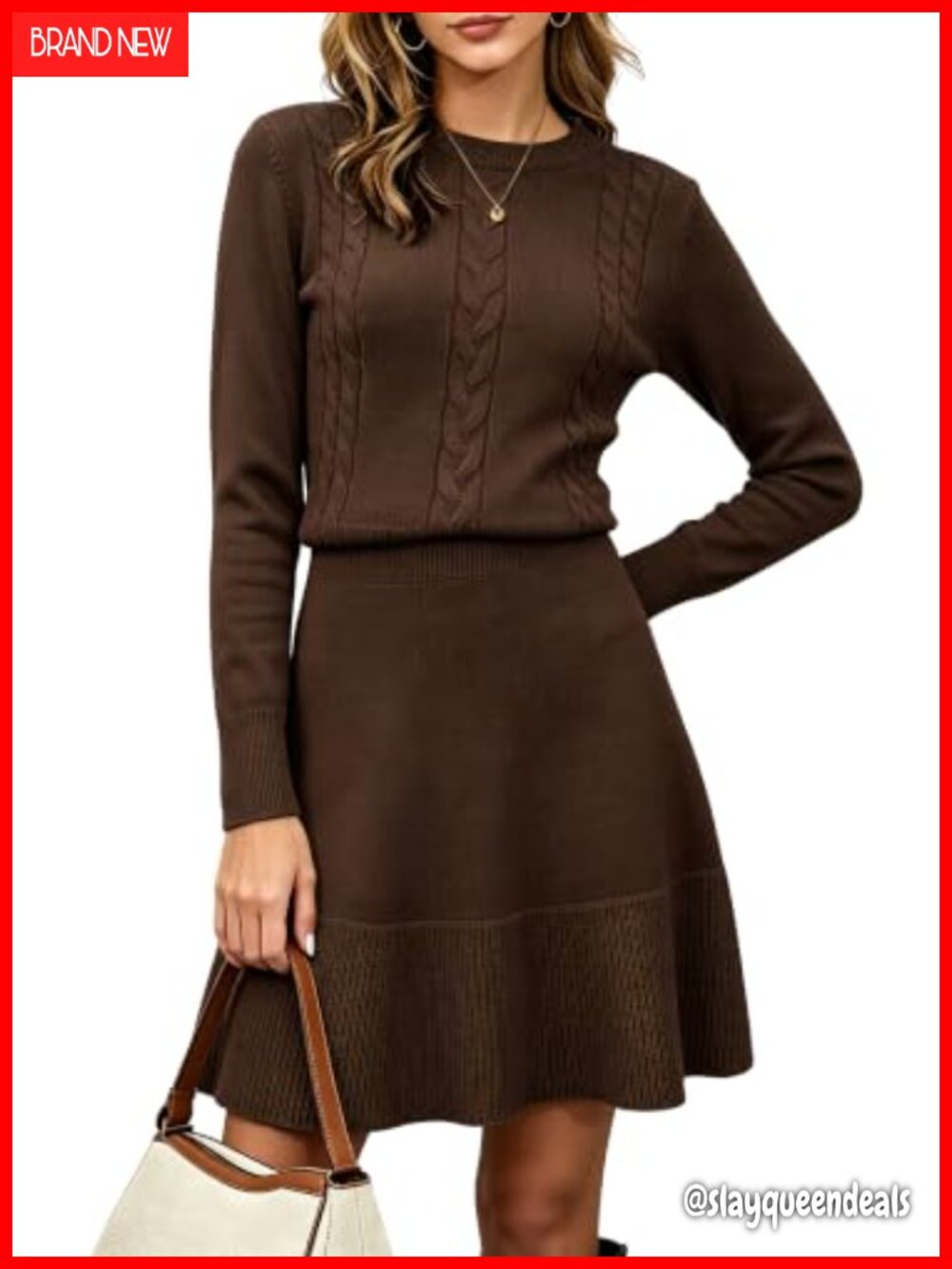 A-Line Cable Knit Sweater Dress High Waist Long Sleeve Mini Pull On